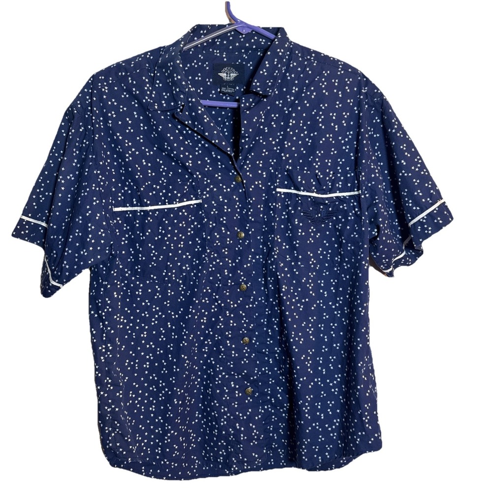 VTG 90s Dockers Women's L Navy Star Print Cotton Camp Shirt Shoulder Pads